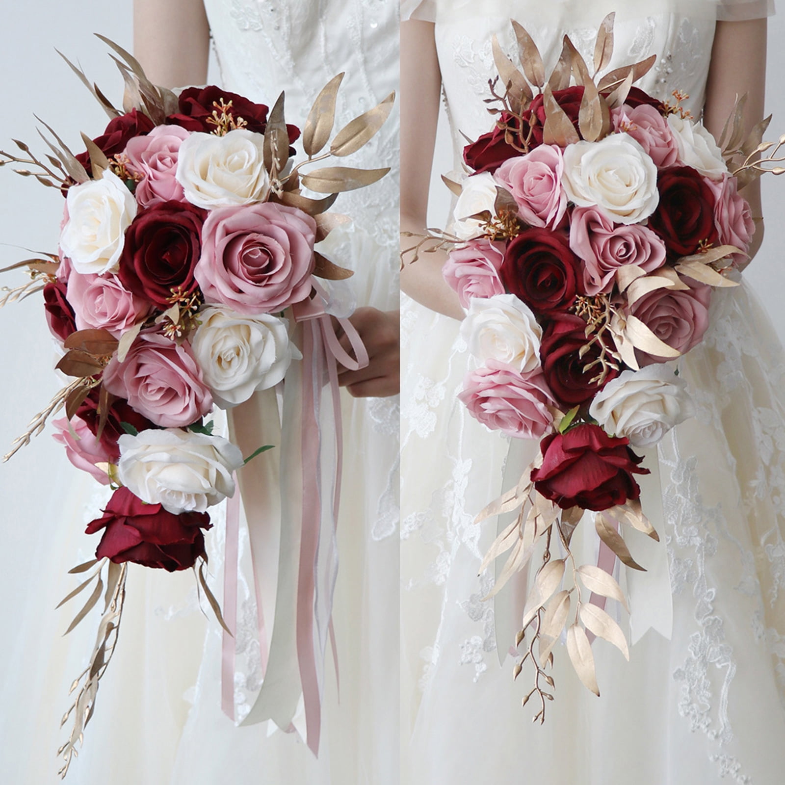Sardfxul Wedding Cascading Bride Bouquet Waterfall Artificial Holding Flower with Ribbon