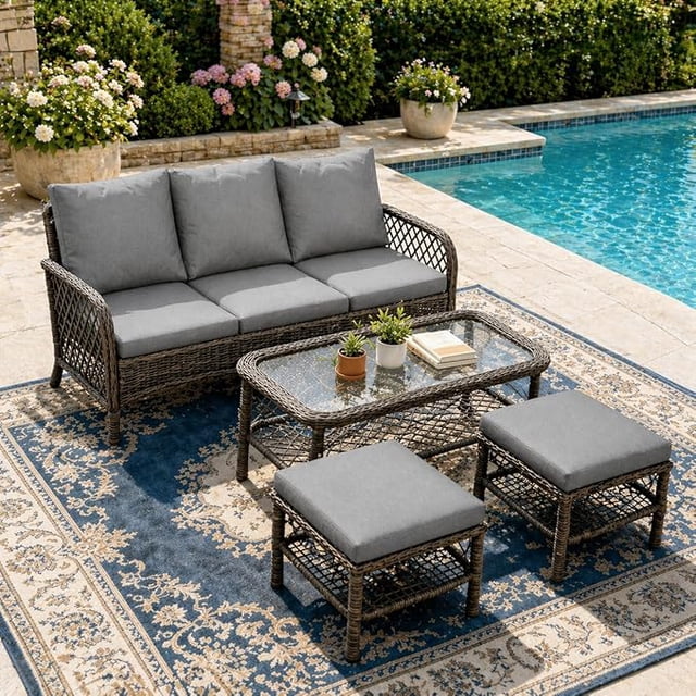 AECOJOY 4-Piece Rattan Patio Conversation Set with 3 Seater Sofa , 2 Ottoman and Central Table, Dark Gray