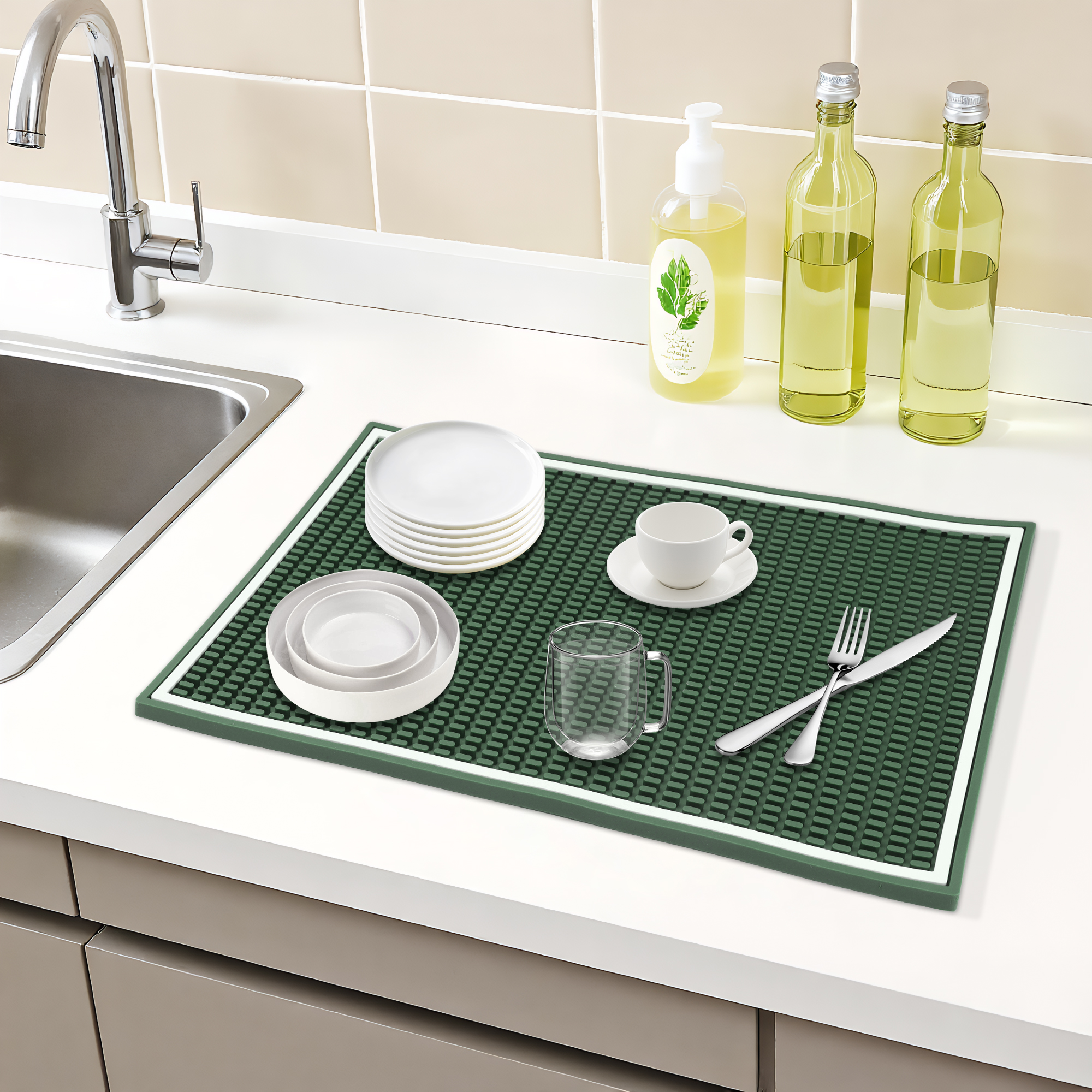 Unique Bargains Waterproof Dish Drying Mat with Concave Design Green 17.7*11.8*0.4 inch