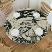 Nautical Fitted Polyester Tablecloths Round, Vintage Pirate Theme Elastic Edge Home Decor Table Cover, Stain Resistant Washable Table Cover, For Family Holiday Party Tablecloths, Fit for