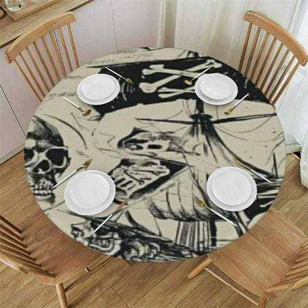 Nautical Fitted Polyester Tablecloths Round, Vintage Pirate Theme Elastic Edge Home Decor Table Cover, Stain Resistant Washable Table Cover, For Family Holiday Party Tablecloths, Fit for