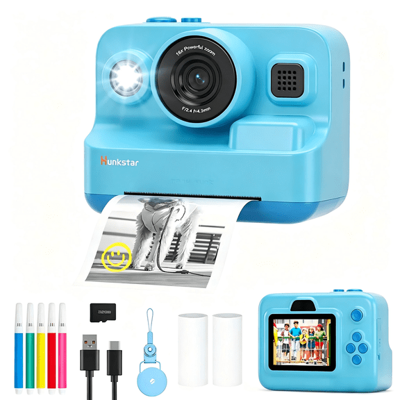 Hunkstar HC200 Instant Print Portable Camera with 32GB Card,Dual Lens,Autofocus,1080P Digital Video Cameras for Boys Girls,Blue