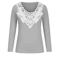 thumbnail image 6 of AXXD Women's Sweatshirts Gray Basic Summer 2024 Lace Solid Color Pullover V-Neck Long Sleeve T-Shirt Top, 6 of 6