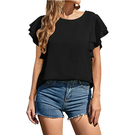 

Pianpianzi Womens Pajama Top Smile Tee Womens Blouse for Women Women Casual Round Neck Chiffon Top Double Ruffle Short Sleeve Back Button Blouse