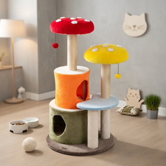 Resenkos 43-Inch Cute Cat Tree with Two Condos and Padded Perch Platforms, Multicolor