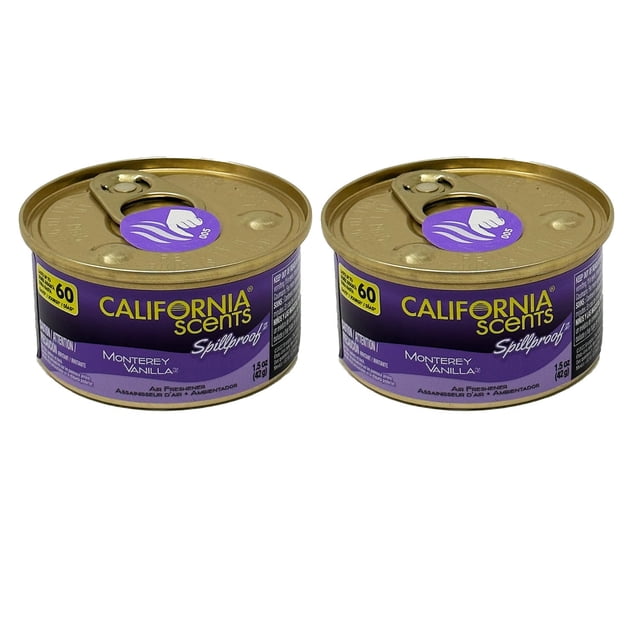 California Scents Ambientadores Orgánicos Antiderrames, Lata de 1.5 Onzas, (Paquete de 2, Vainilla Monterey)