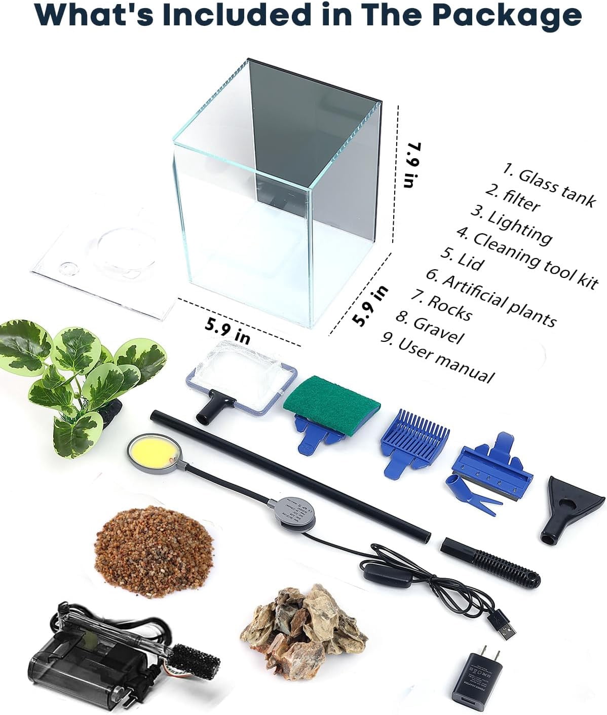 Desktop Small Aquarium Set Glass Fish Tank 1.25 Gallon, with Water Pump Filter Bright LED Light Gravel Cleaning Tool, Starter Kit Small Space Easy Setup Space-Saving Design Betta Shrimp