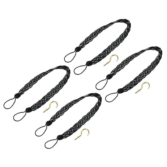 Uxcell 4Pack 23" Curtain Tiebacks Braided Drapery Holdback Holder with Hooks, Black/Silver