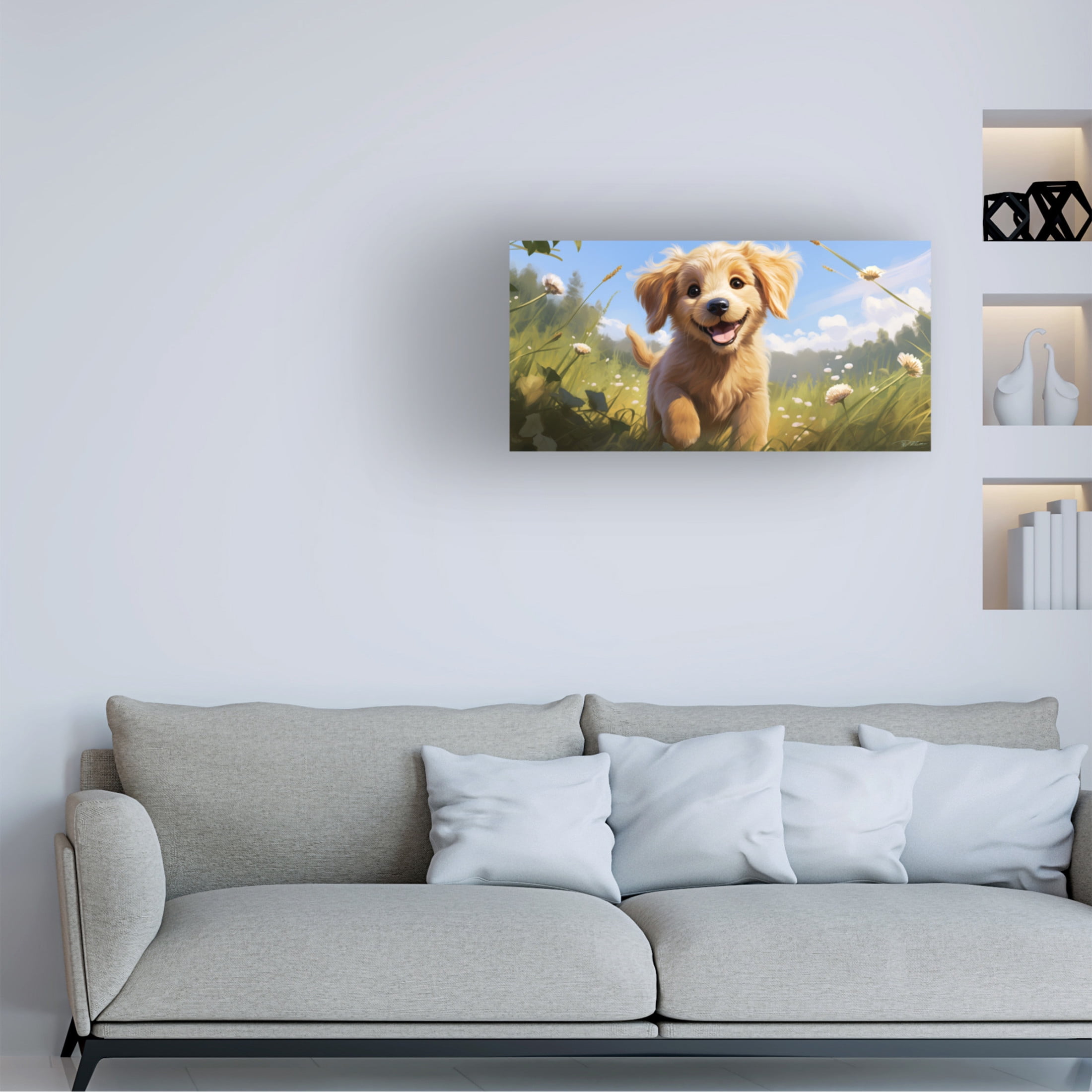 Canvas Wall Art - Momart 'Happy Puppy 3' Wall Art for Living Room, Bedroom, or Office Décor by Trademark Fine Art - 32 x 16 Inches