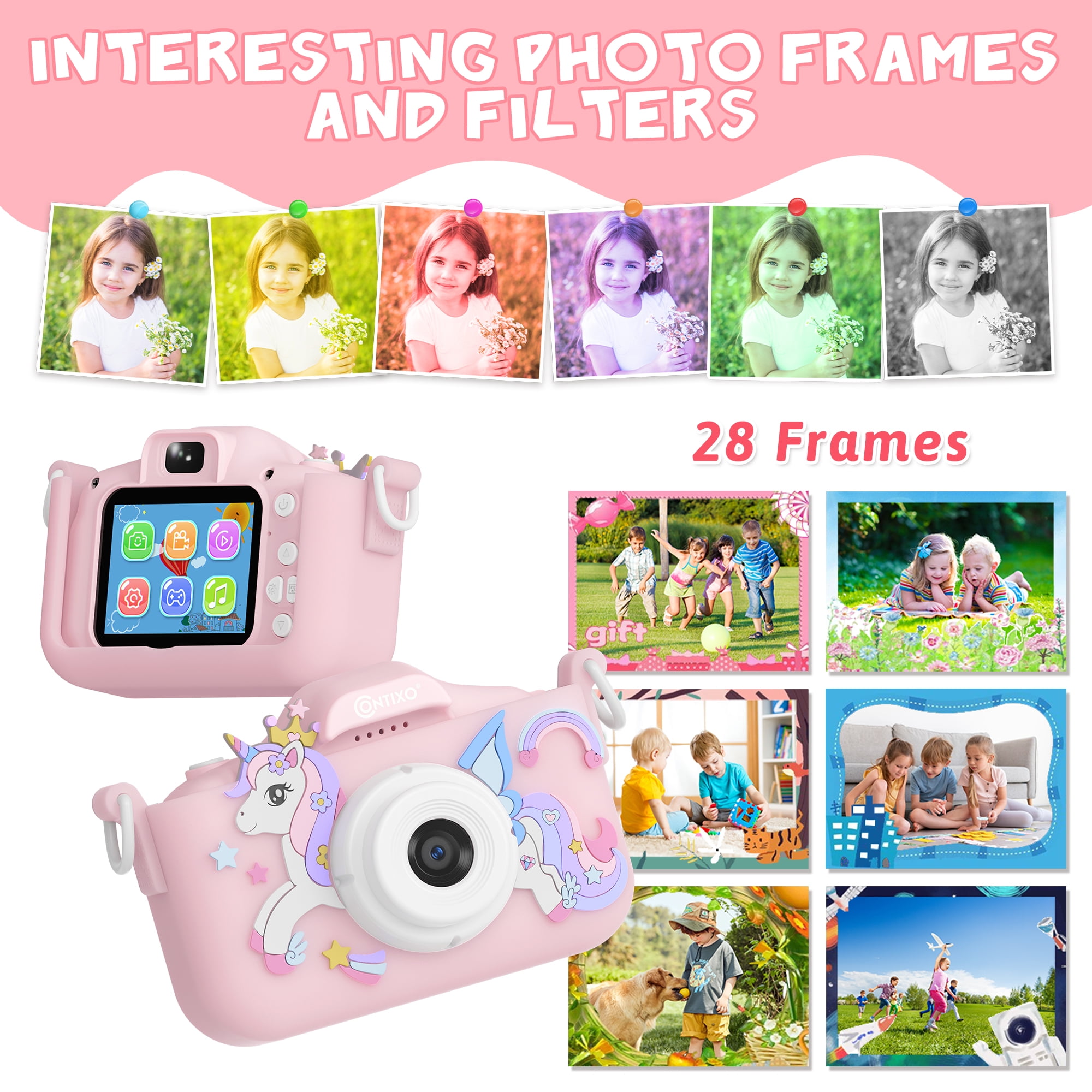 Contixo Kids Camera, Educational Dual Lens Camera with Carry Case and 32 GB SD Card, Pink