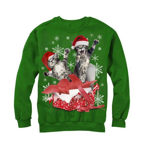Men's Lost Gods Ugly Christmas Gift Surprise Kitten Sweatshirt Kelly Green Medium