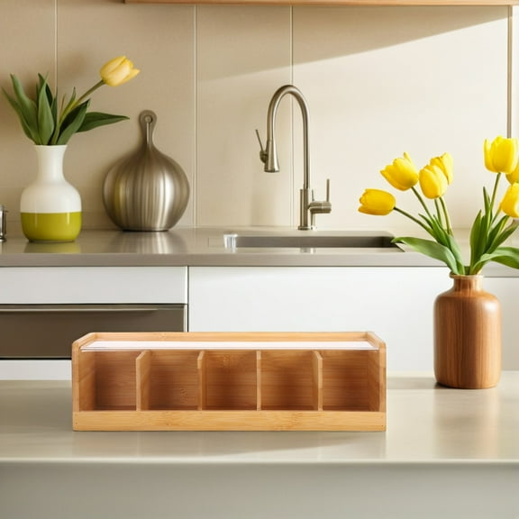 ELAYARD Divided Bamboo Tea Organizer Khaki Airtight Lid for Freshness At Home