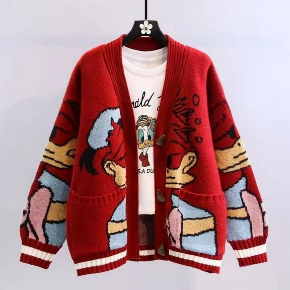 LOVE DOCK Donald Duck Long Sleeve Autumn Winter Cardigan Jumper Tops Turtleneck Pullovers Casual Sweaters Women Loose Sweater Girl
