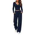 thumbnail image 2 of XRoczxe Women’s 2‑Piece Outfit Set, V‑Neck Long Sleeve Crop Top & Drawstring High Waist Wide Leg Pants with Pockets, 2 of 8
