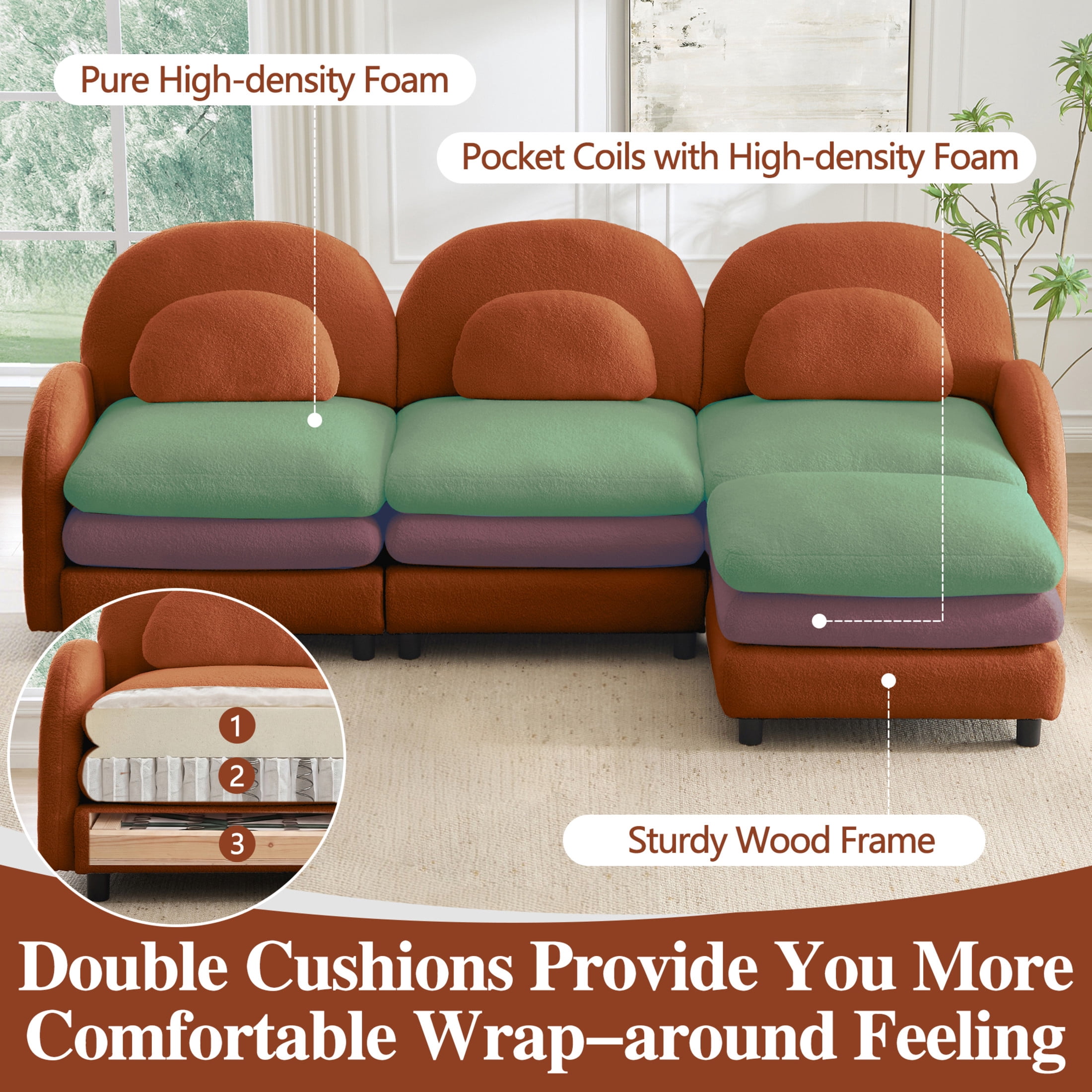 Noble House Windsor Teddy Fabric 2-Seater Sectional Sofa, Modular Cloud Couch with 2 Ottomans and Lumbar Pillows, Orange
