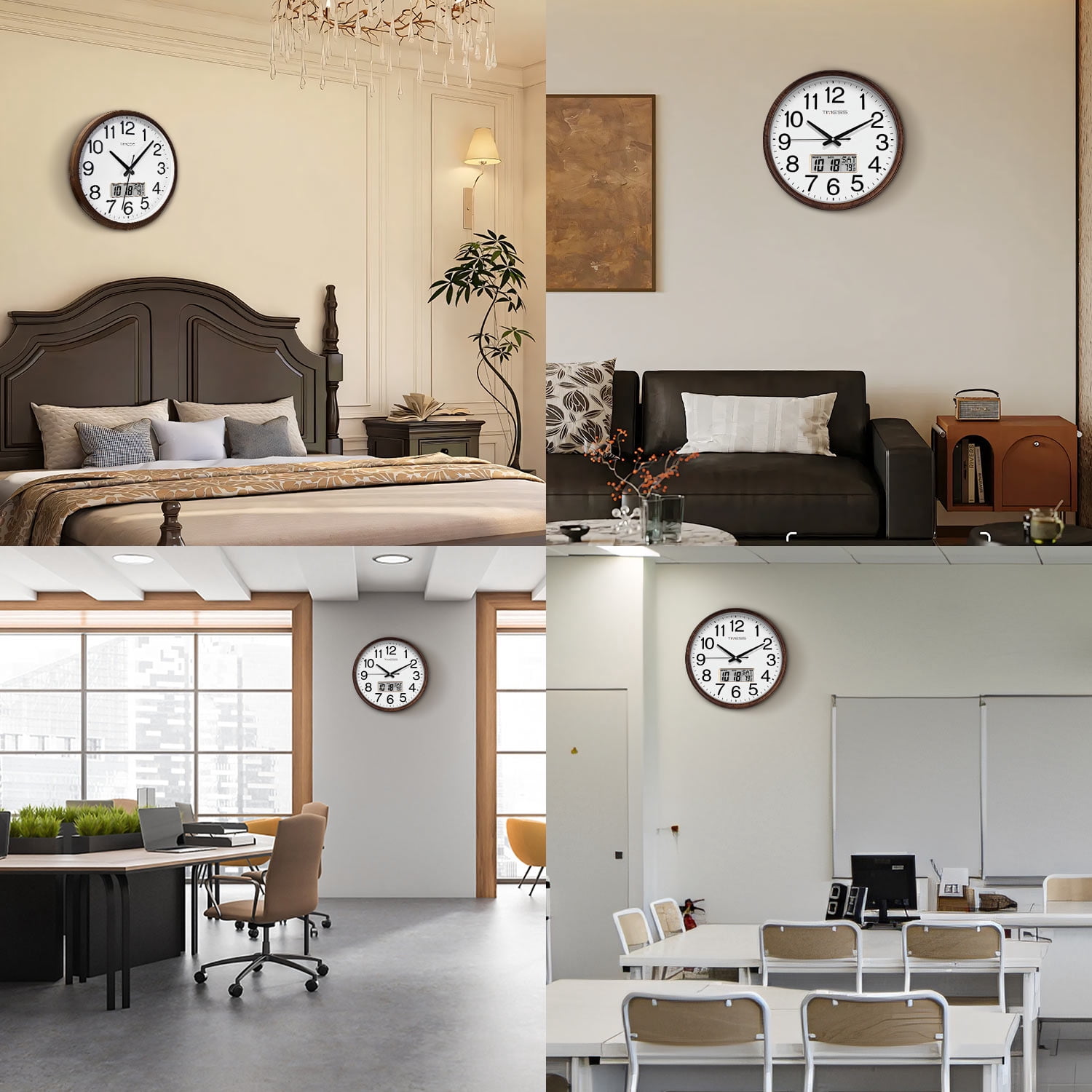 TIMESS 13" Digital Wall Clock with Brown Wood Grain Frame, Calendar and Temp Display, Silent Quartz