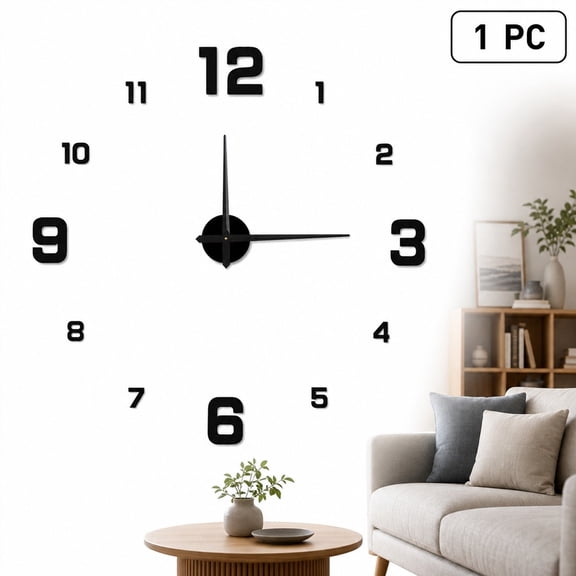 3D DIY Wall Clock Frameless, Luminous Acrylic Number Stickers, Silent Quartz Modern Wall Decor 19.7in, Black