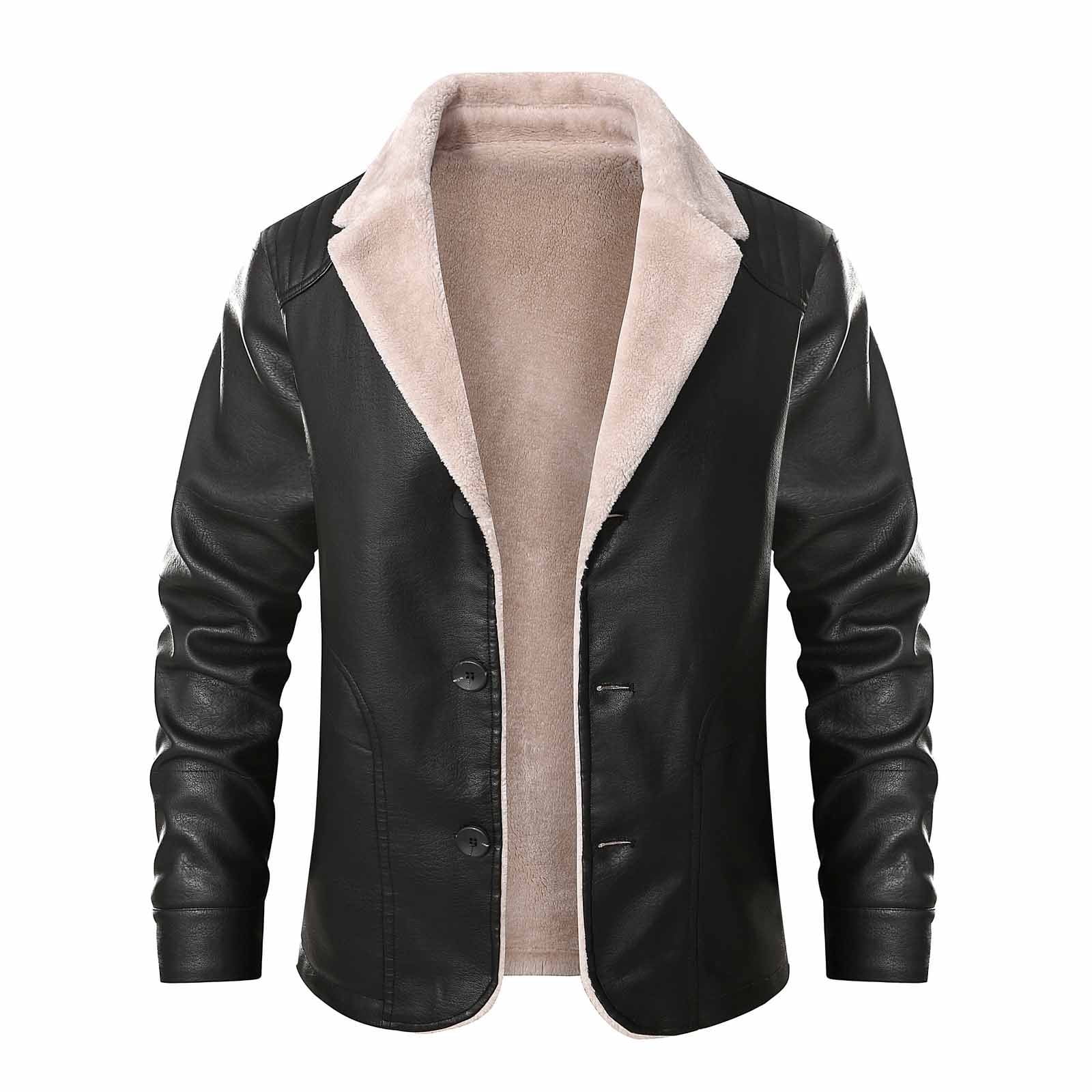 Mens Faux Pu Leather Jacket Fleece Sherpa Lined Long Trench Coats Heavyweight Fur Collar Plus Size Motorcycle Jacket