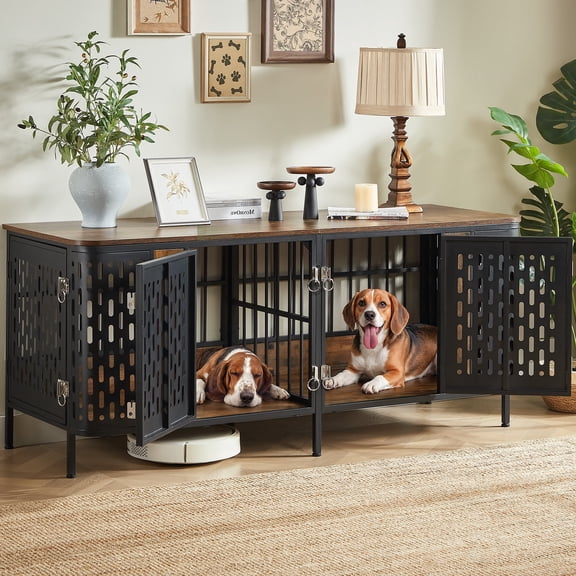 Double Dog Crate Furniture - 63" Indoor Heavy Duty Pet Cage with Removable Divider & 4 Doors, Escape Proof Wooden Kennel TV Stand for Medium Large Dogs