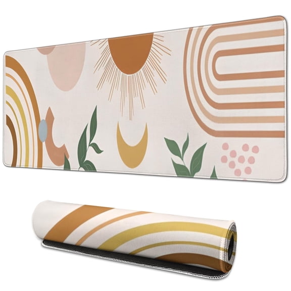 Long Mouse Pads for Desk,Orange Boho Sun, Moon and Plant Pattern Desk Mats on Top Of Desks, Desk Mouse Pad Extra Large with 3mm Non-Slip Base and Stitched Edge for Gaming,Office,Work,Home 31.5"x11.8"