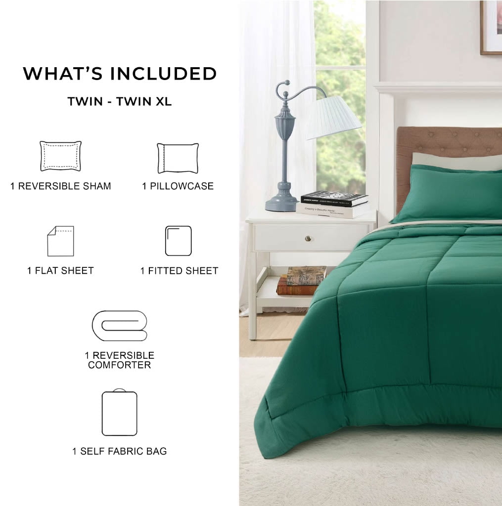 Mainstays All in One Reversible Comforter and Sheet set- 5 Piece, Twin, Green