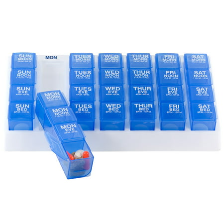 GMS Four-a-Day Weekly Medication Organizer - Large (Blue Pill Boxes in White