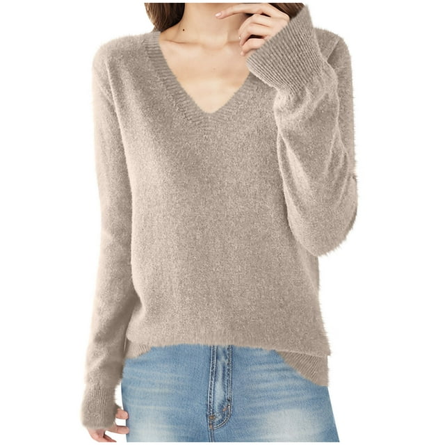 Dagegui Fall Sweaters for Women Solid V Neck Long Sleeve Pullover Soft Cozy Daily Sweater Beige,S