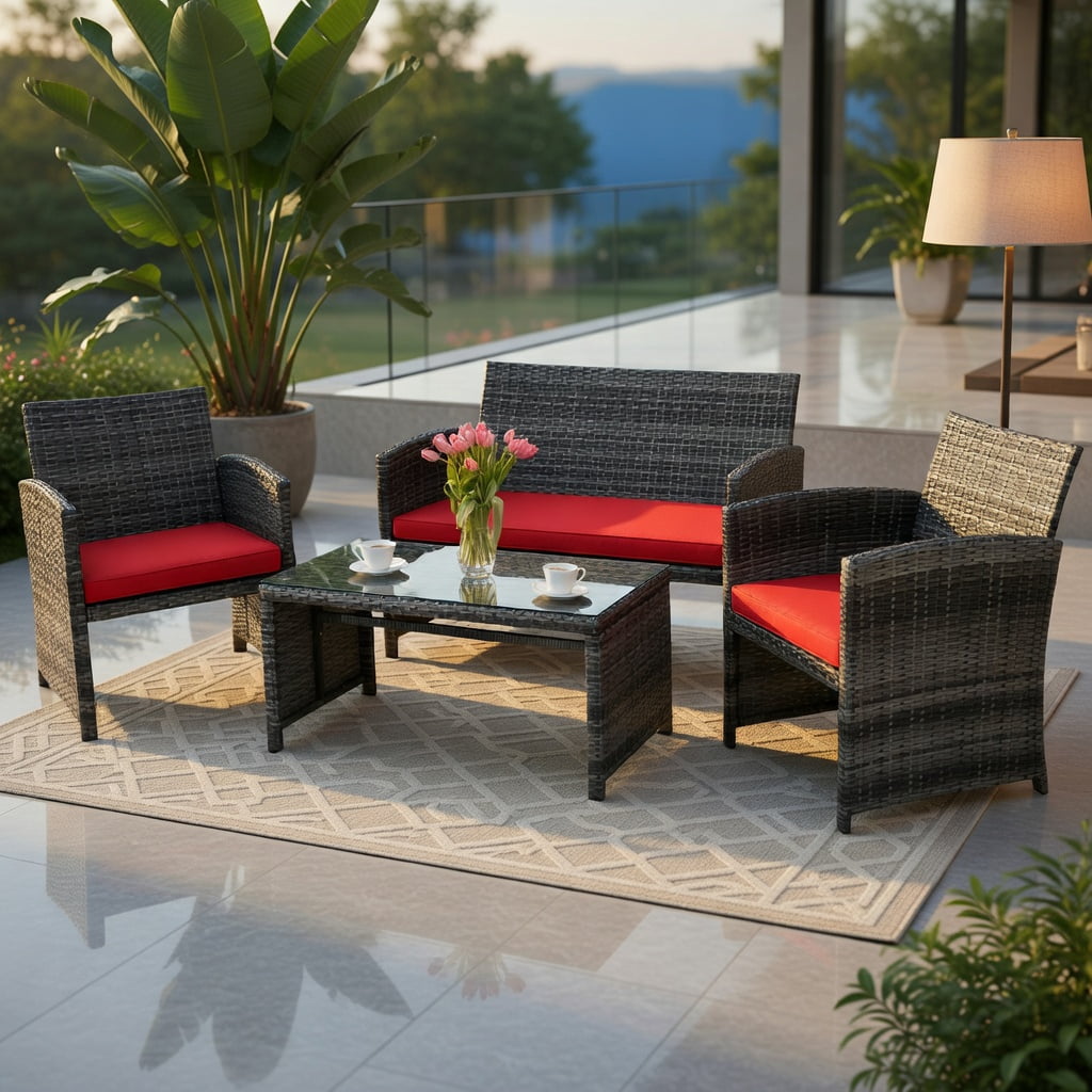 Hommoo 4-Piece PE Rattan Patio Furniture Set with Removable Cushions, Loveseat, 2 Single Chairs & Tempered Glass Coffee Table for Backyard, Garden or Balcony, Red