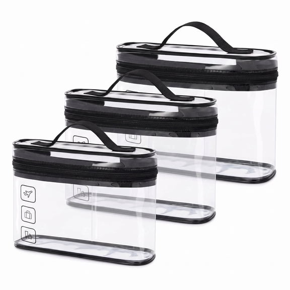 Clear Travel Toiletry Bag, 3-Pack Quart-Size Makeup Cosmetic Organizer, for Carry-on Essentials (Black)