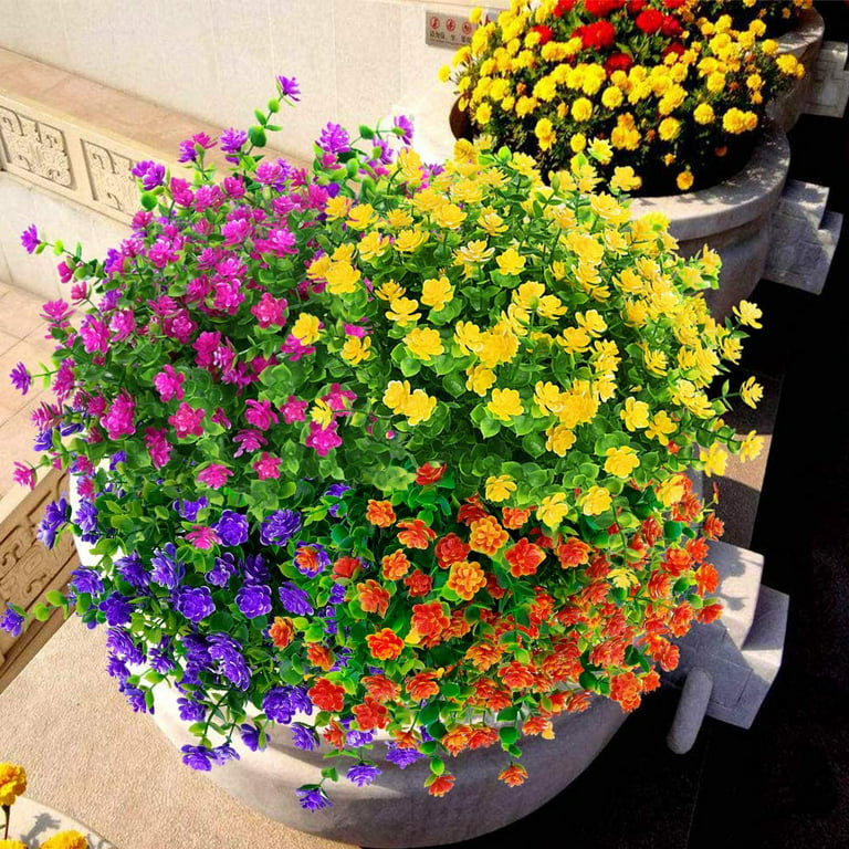 Viworld 8 Pack UV Resistant Outdoor Artificial Flowers Bulk Faux Plastic Plants Outside Indoor Fake Hanging Greenery Shrubs Arrangement for Backyard