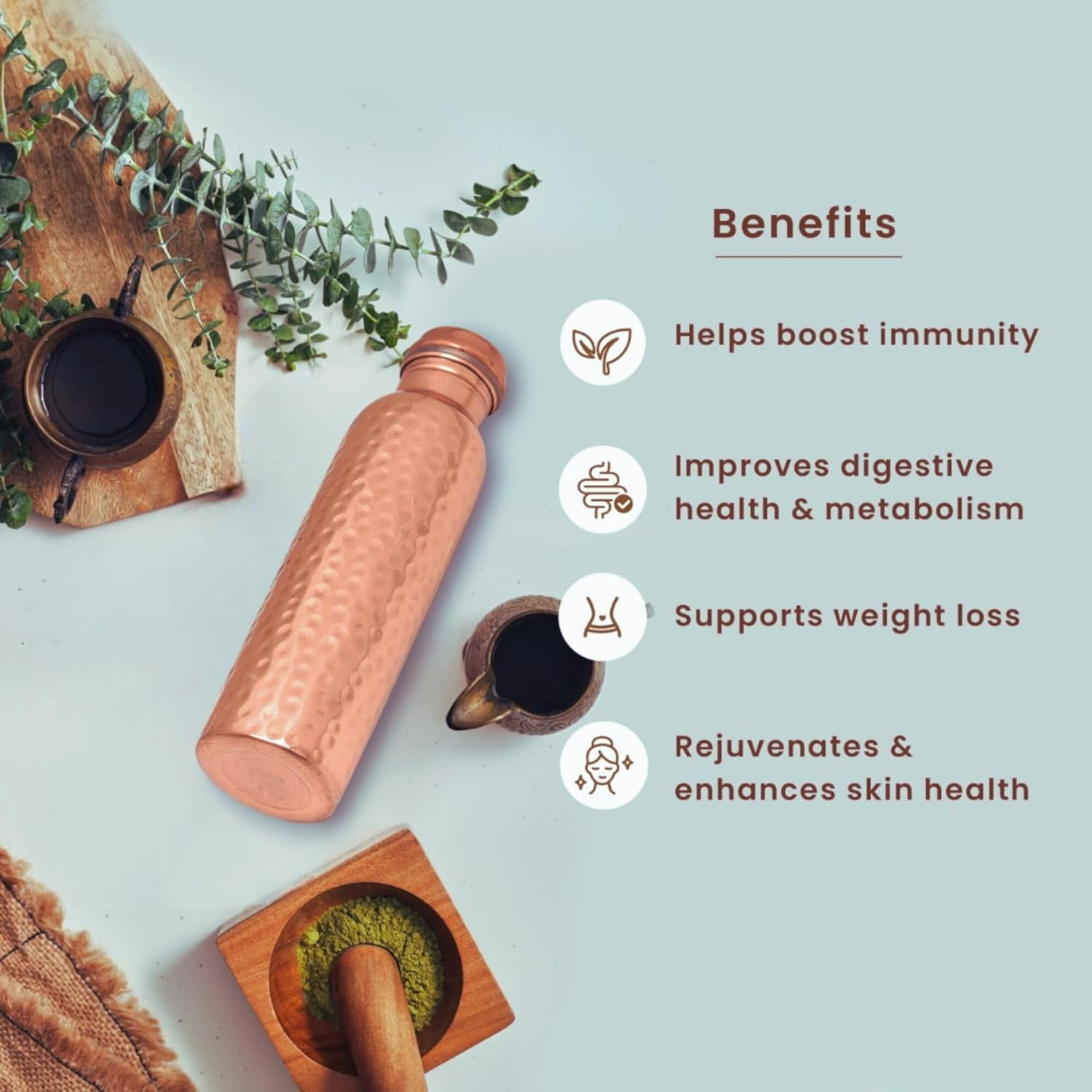 34oz Pure Copper Water Bottle for Drinking – Leak Proof Lid – 1000 mL Ayurvedic Hammered Copper Water Bottle