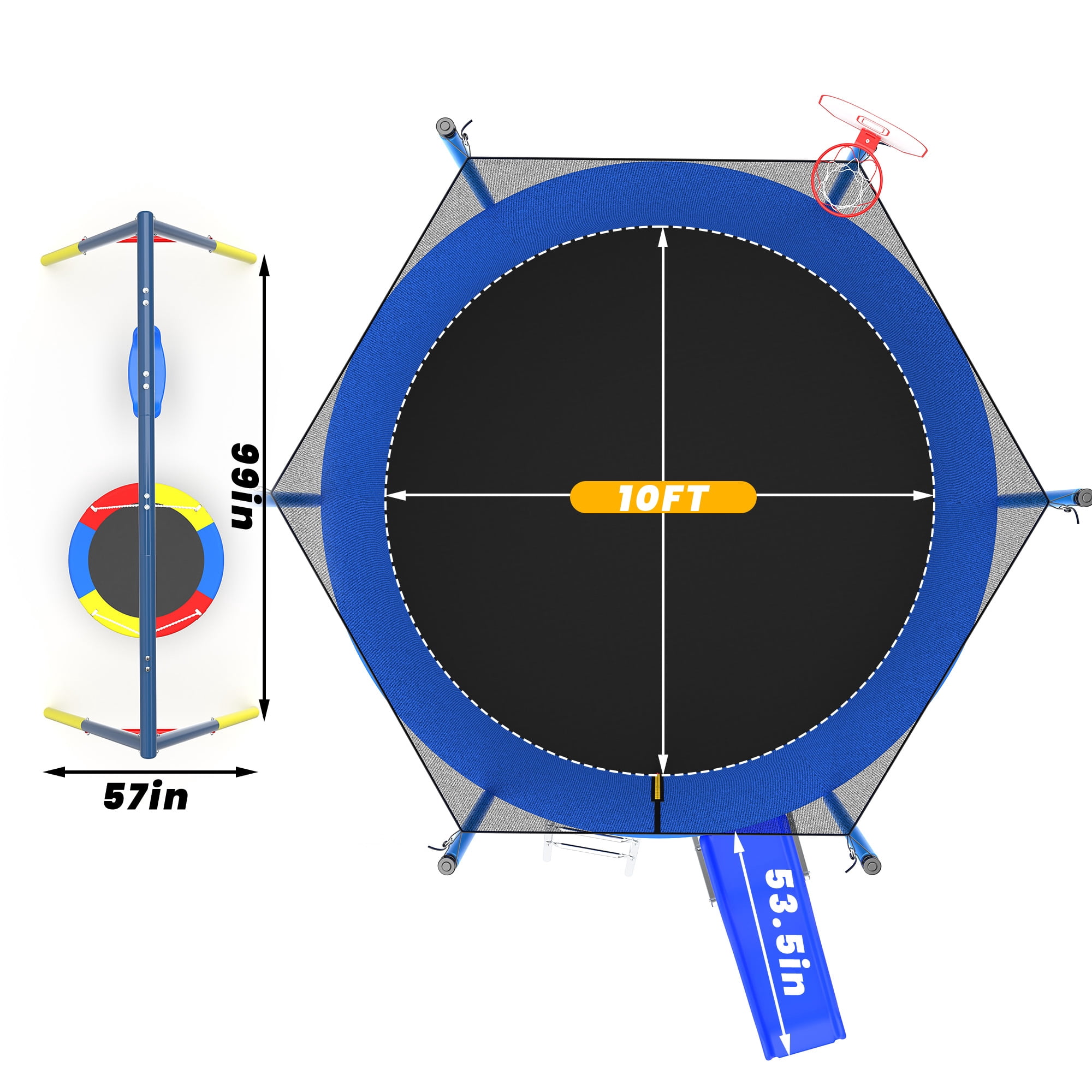 Mersco 10FT Heavy Duty Trampoline with Enclosure Net , Slide , Swing Set Outdoor Big Trampoline for Backyard,Kids Trampoline with Basketball Hoop,Birthday and Holiday Gifts for Kids,Blue