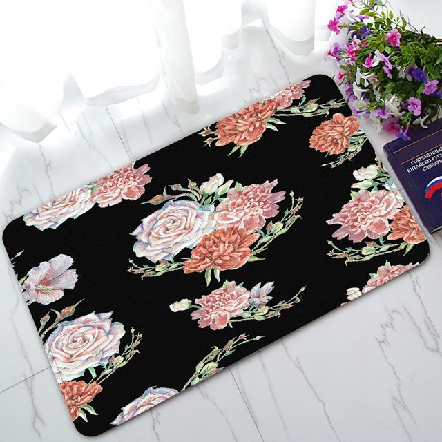 ABPHQTO Bright Cream Roses Pink Red Peonies Felpudo negro Alfombra de entrada Alfombra de piso Decoración para el hogar 45x75 cm