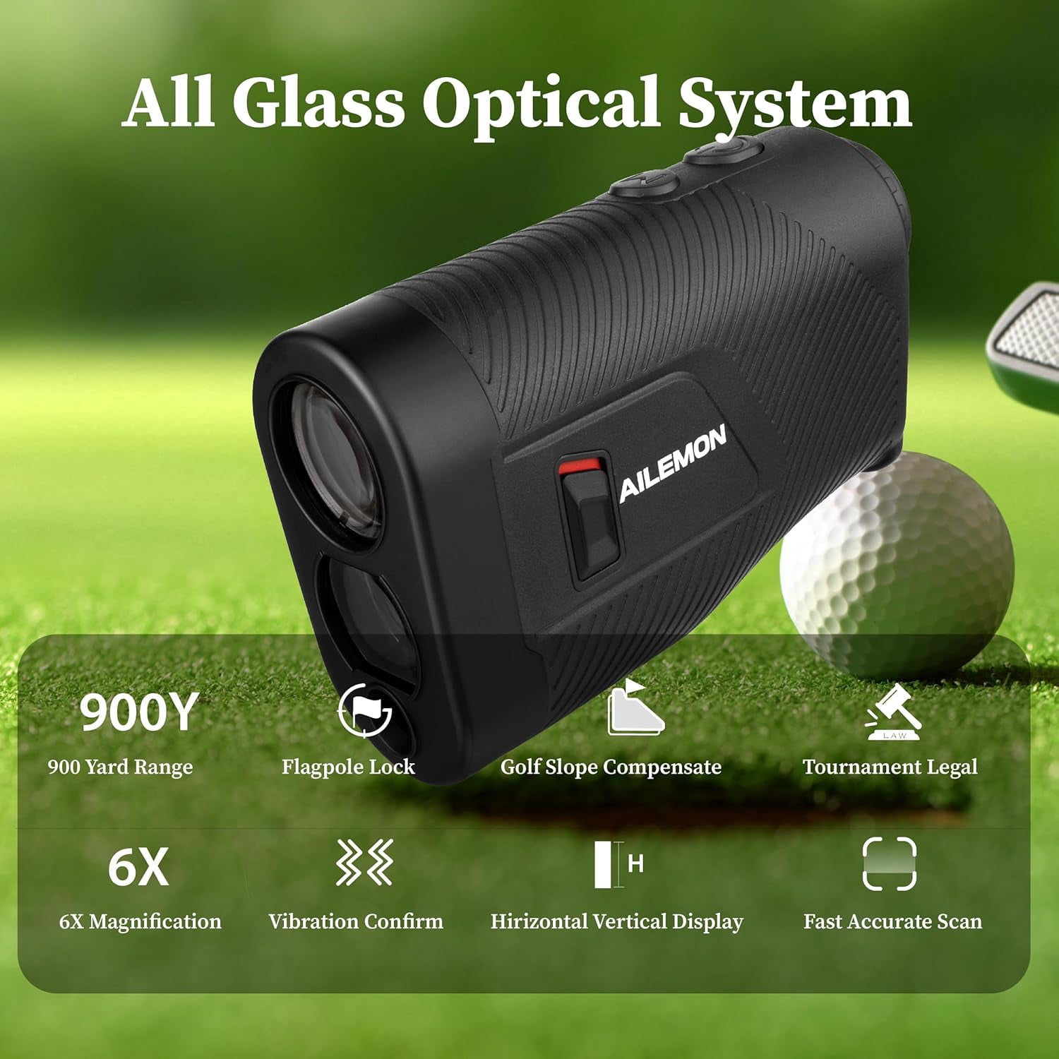 AILEMON Golf Rangefinder with Slope Switch, Flag Pole Locking with Pulse Vibration, 6X Magnification Laser Range Finder Golfing & Hunting, 900 Yards Rangefinders with Magnet Stripe