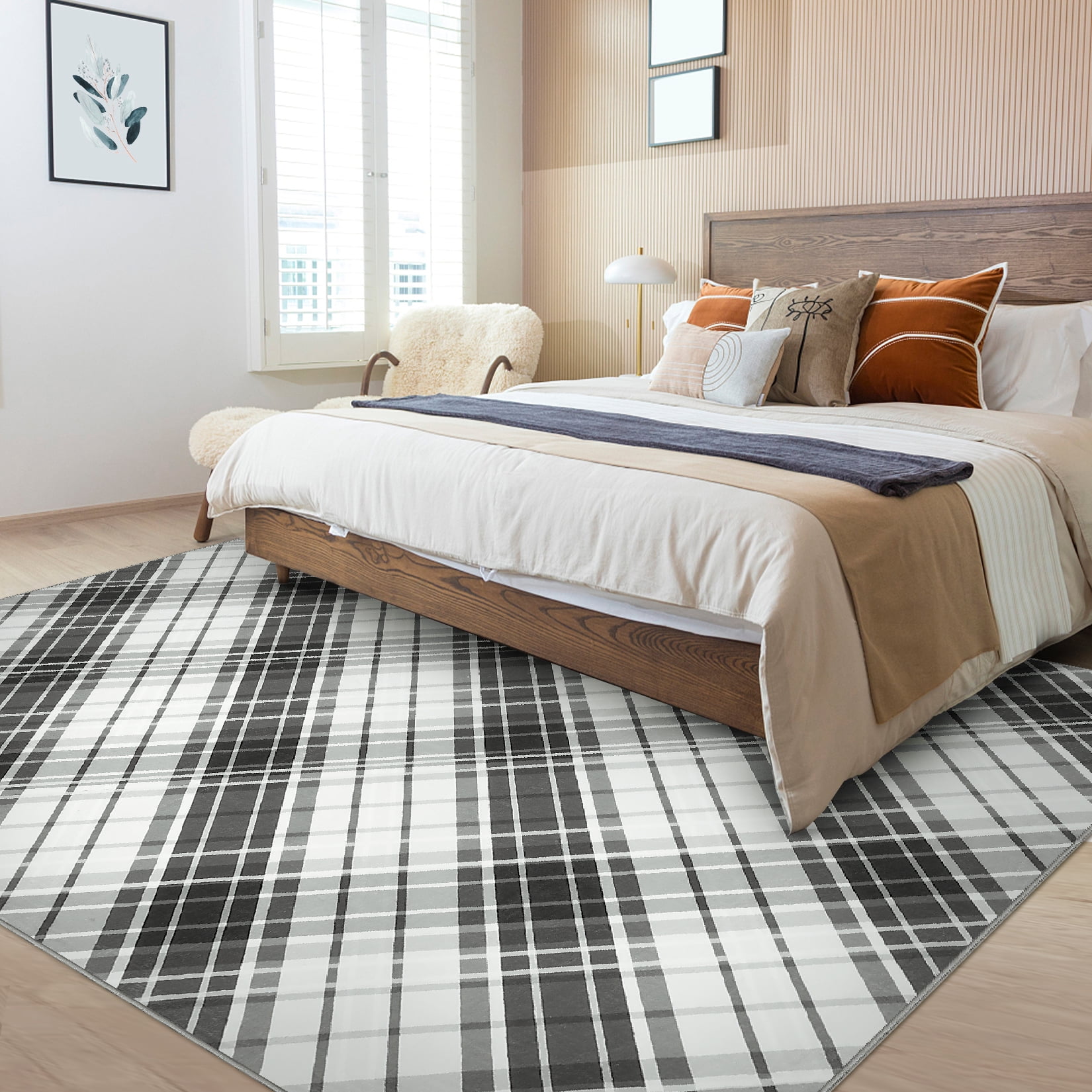 FairOnly Large Low Pile Stain Resistanta Area Rug for Living Room Bedroom 9' x 12' Plaid Design Area Rug, Black-gray