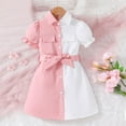 thumbnail image 2 of CHEEREAM Litttle Girl's Button Front Dress Puff Short Sleeve Color Block Collar Aline Dress with Belt 4-9 Years Pink 6 Years, 2 of 6
