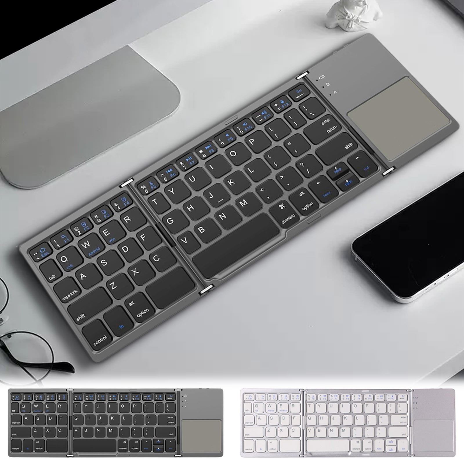 Foldable Bluetooth Keyboard with Touchpad - Portable Wireless Keyboard with Holder, Rechargeable Full Size Ultra Slim Pocket Folding Keyboards for Android Windows iOS Tablet & Laptop - White