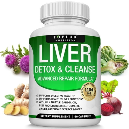 Toplux Detox Liver Cleanse Supplement Support Liver & Body Detox Milk Thistle Artichoke Extract Dandelion Root, 25  Herbs  60 Capsules