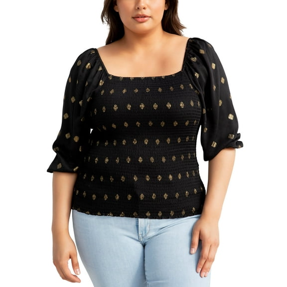 Plus Size Black Label Smocked Boho Top Black/Gold 1X