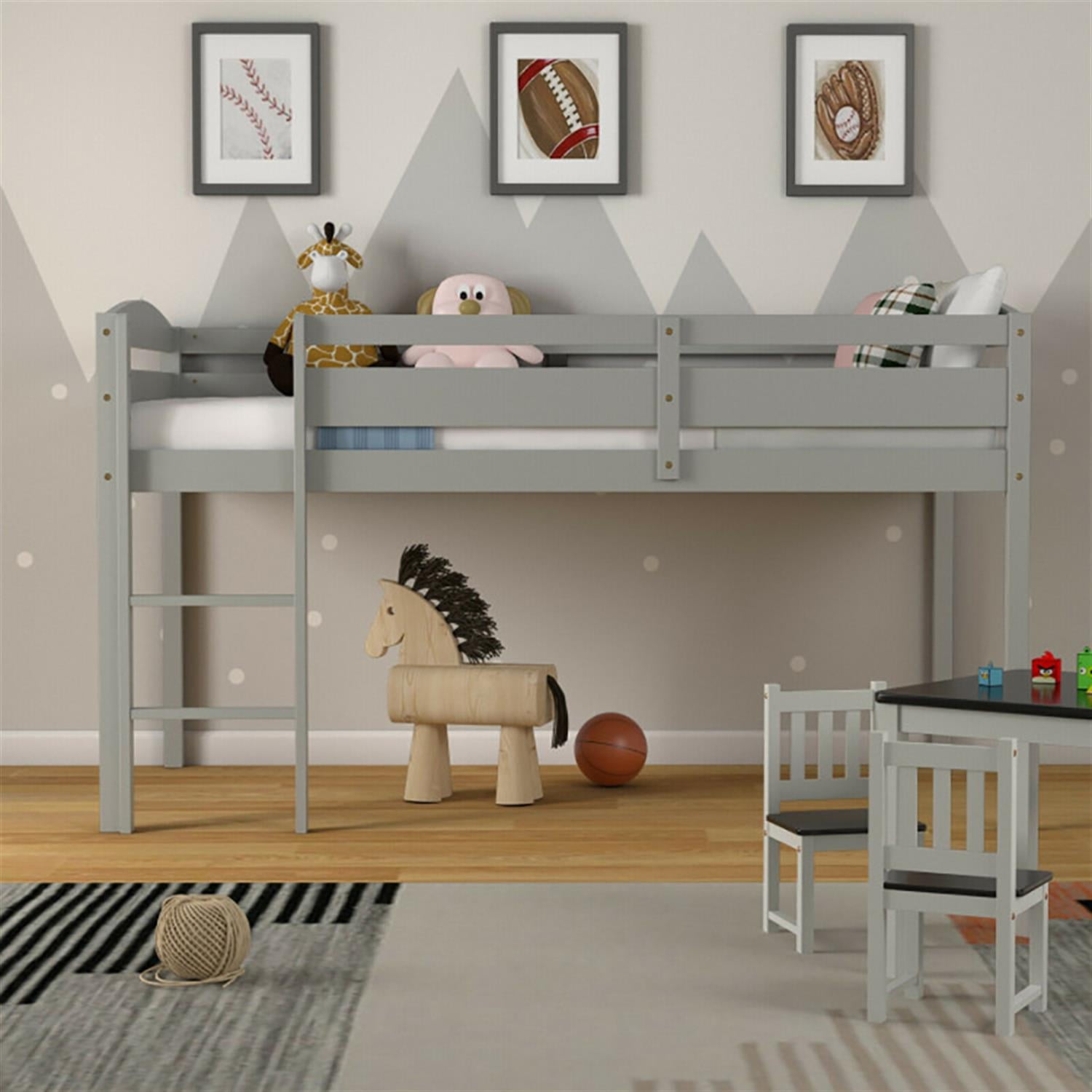 Demi Bonn Loft Bed Twin Size, Solid Wood Low Loft Bed with Guard Rail and Ladder, Modern Wooden Loft Bunk Bed Frame, Gray