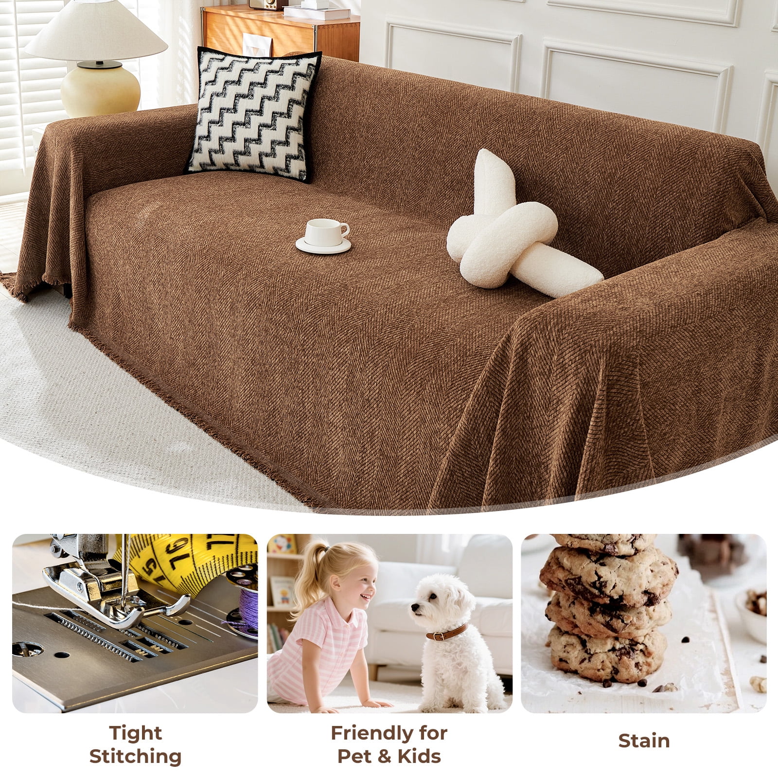 Sanmadrola Sofa Cover Non Slip Couch Cover for 3 Cushion Couch Machine Washable Furniture Protector for Dogs Pet Chenille Throw Slipcover Blanket for Living Room (Brown, 71"x134")