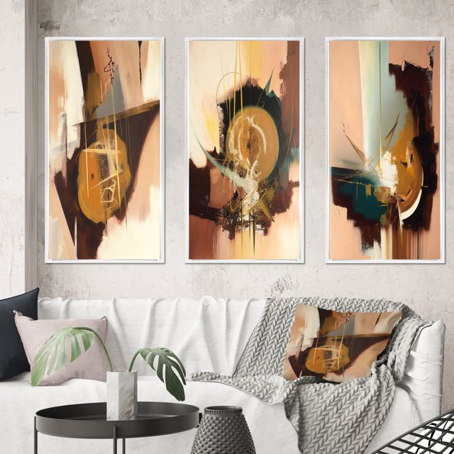 Designart "Infinite Possibilities in Terra Rosa's Realm II" Abstract Framed Wall Art Set Of 3 - Brown Modern Frame Canvas Set For Living Room Decor