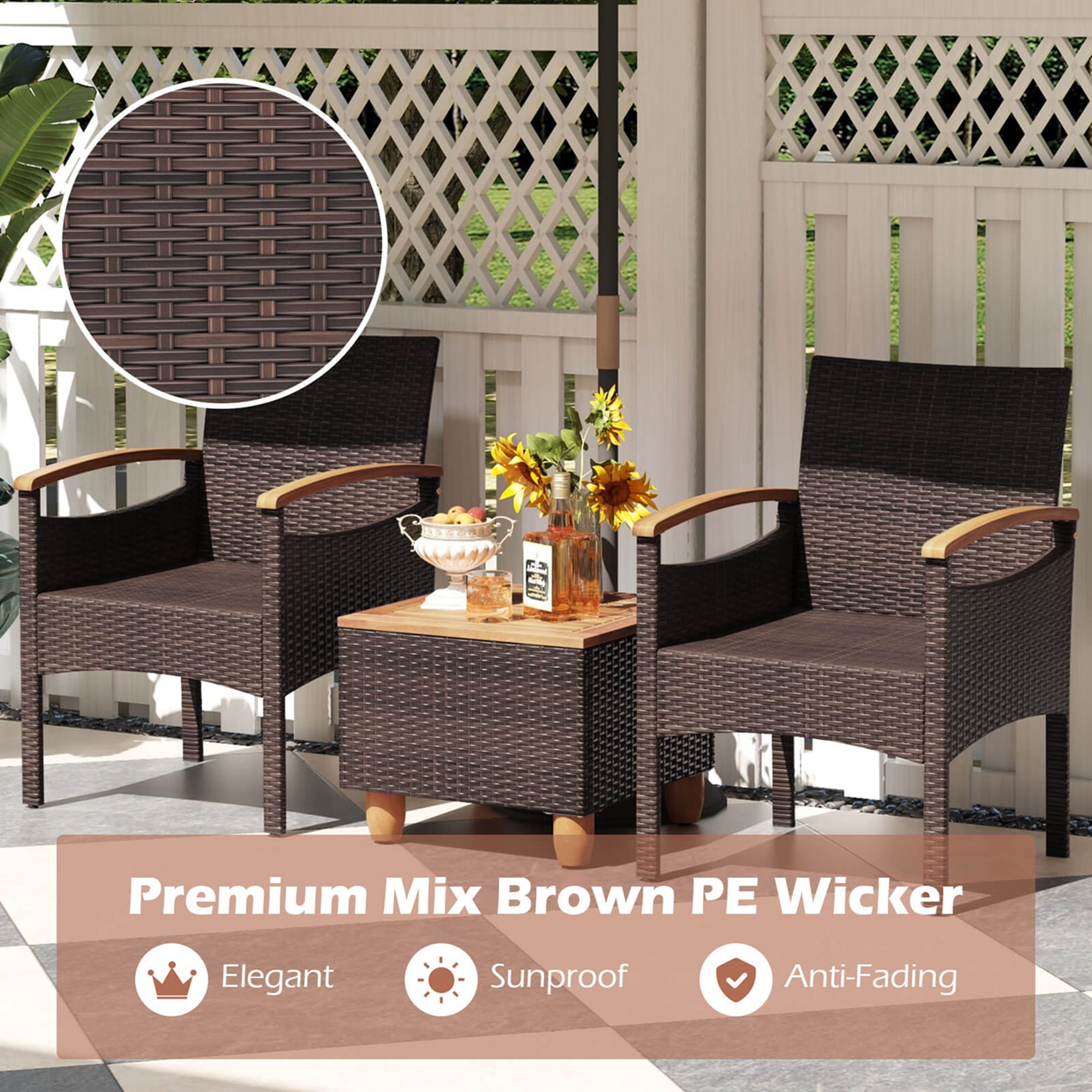 Costway Patio Dining Chairs Set of 2 with Acacia Wood Armrest Heavy Duty Metal Frame