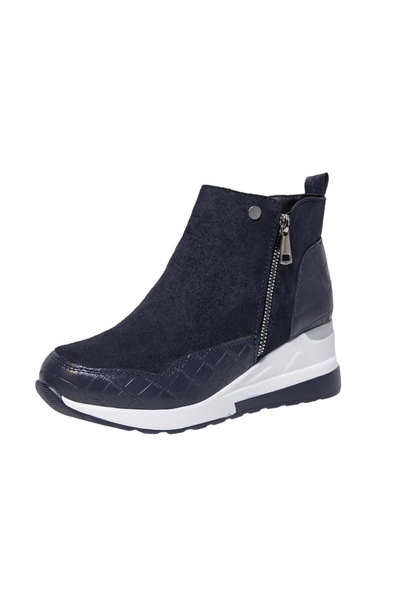 Women's Mid-calf Ankle Boots Wedge Platform Heel, Round Toe Side Zipper Fashion Suede Boots, Indoor&Outdoor Shoes Short Boots, Easy -On Design, Memory Foam Blue 7