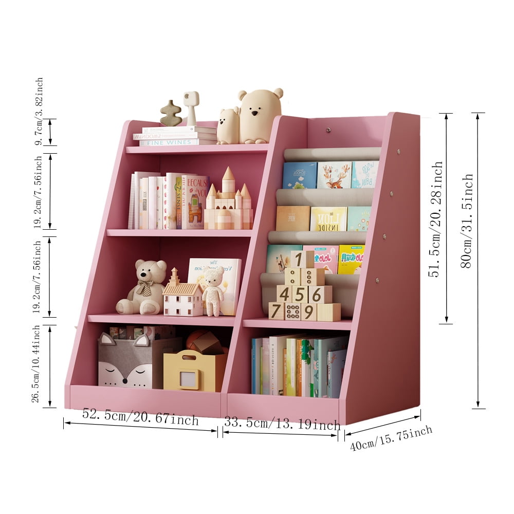 Aukfa Kids Bookshelf and Toy Storage,Wood Storage Organizer for Playroom Bedroom,Pink