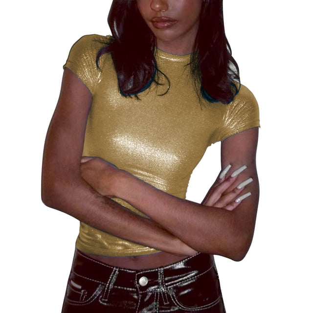 Prolriy Hauts d'Été pour Femmes 2025 T-Shirt à Manches Courtes Col Rond Métallique Brillant Réfléchissant Couleur Unie Jaune P