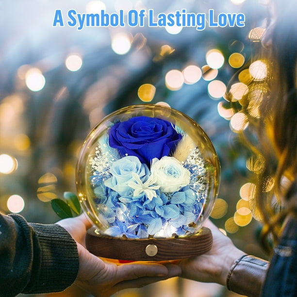 MISS LI GARDEN Fiore Eterno In Cristallo 3D Con Base LED, Aster Blu, Regalo Romantico Per Lei
