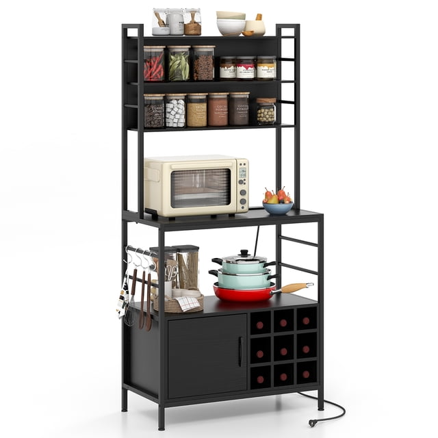 Gymax 67'' Bakers Rack w/ Power Outlet Coffee Bar Cabinet w/ S-Shaped Hooks Black