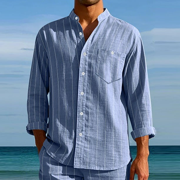 Blusa y camisa de manga larga con cuello alto para hombre, camisa transpirable con bolsillo y estampado a rayas de cuello alto de moda, de poliéster.