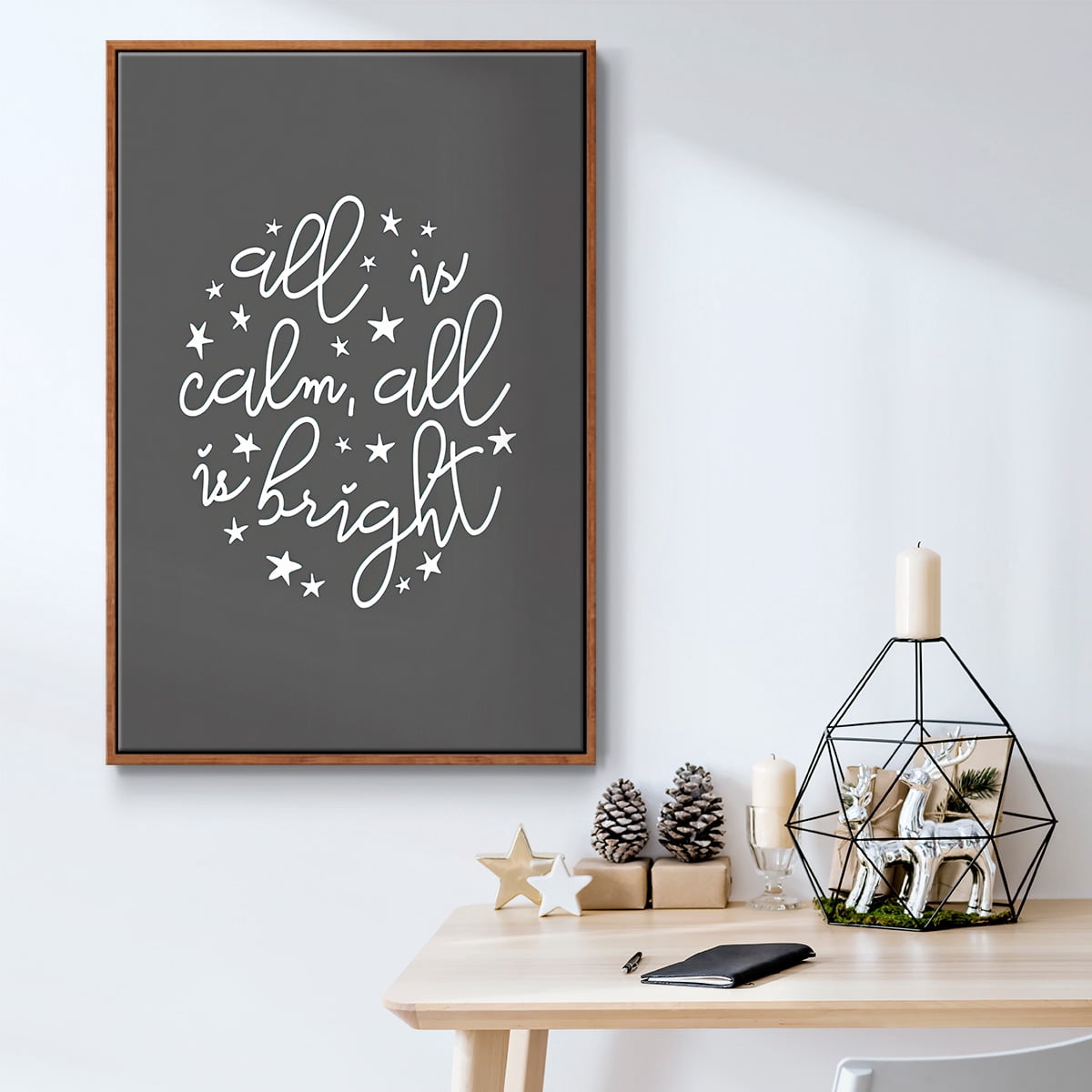 All is Calm, All is Bright - Dark Gray - Framed Gallery Wrapped Holiday Canvas - 27 x 41 - Rosewood Frame